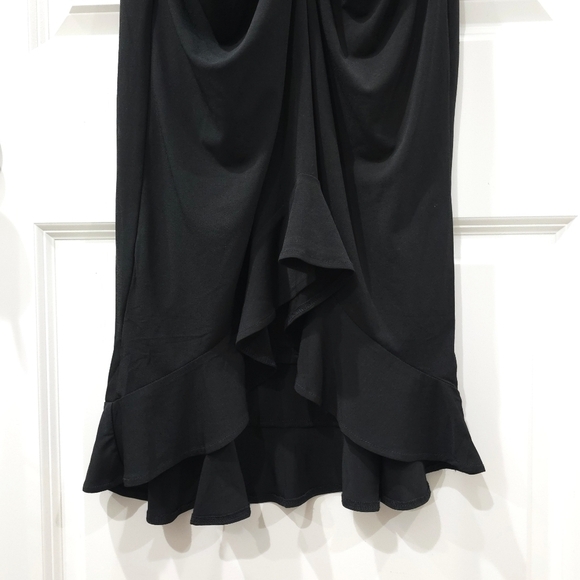 ELOQUII Black Strappy Midi Flounce Ruffle High Low Hem Dress, V-Neck Twist Front - Picture 8 of 13